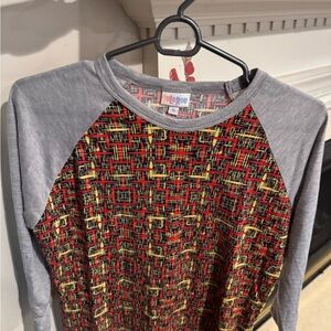 Lularoe women's Randy tshirt, red/yellow/black print with gray sleeves, small